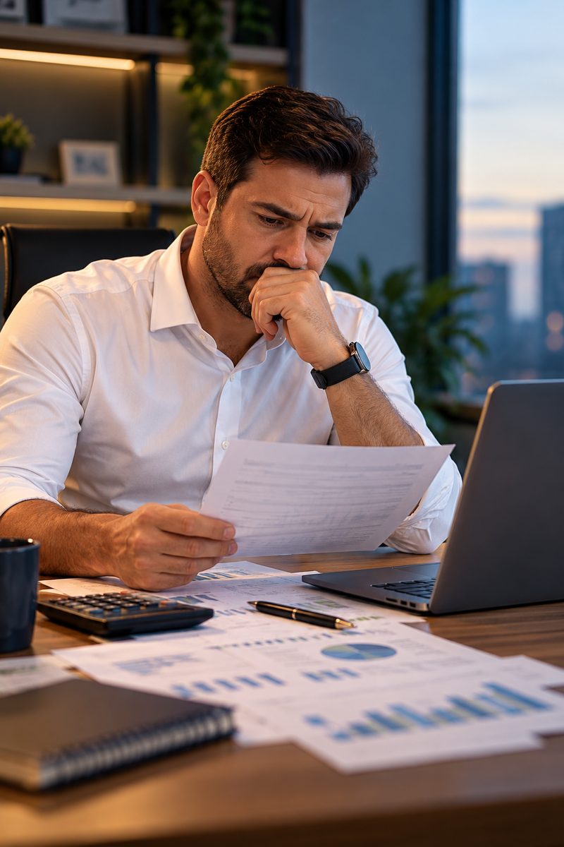 Empresário analisando as finanças do negócio